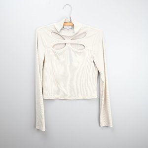Ribbed Long Sleeve Cropped Turtleneck - Cream - Butterfly Chest Cutout - Sz L